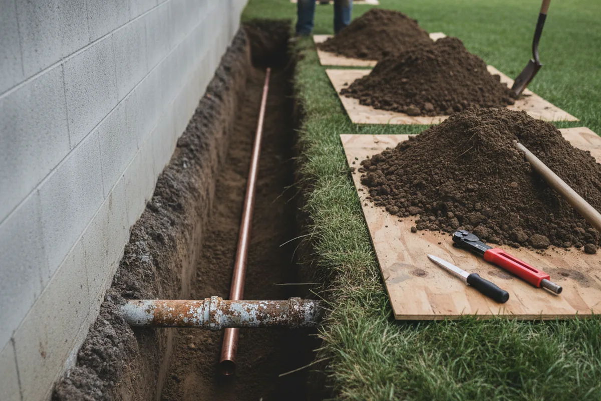 Excavated water line trench during Water Heater Repair in Harvel